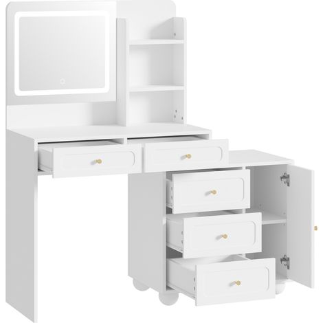 Toeletta con specchio LED regolabile, 5 cassetti, 1 anta e 3 vani, bianca 80x39,8x127 cm (1/5)