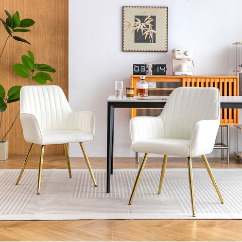 Set di 2 sedie da pranzo in pelle beige con braccioli, gambe metalliche dorate e cuscino sfoderabile,42.16×42.93×85.09cm (1/5)