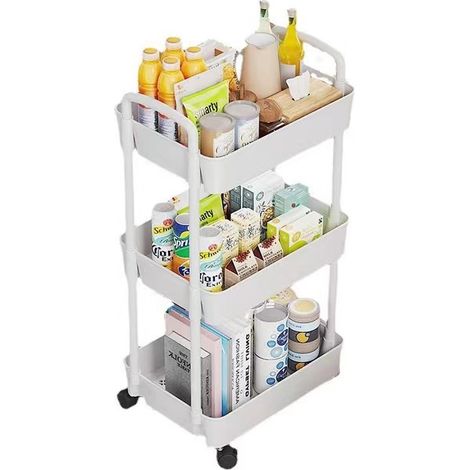 Etagere de Rangement Desserte Cuisine Salle de Bain Plastique 3 Niveaux Blanc 40.5X22.5X68CM (1/4)