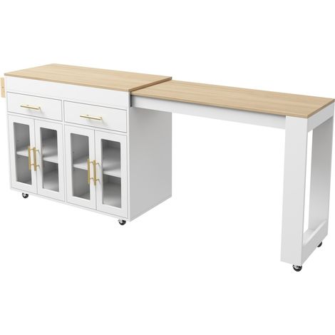 Isola da cucina mobile bianca in MDF con tavolo allungabile, vani contenitori e ruote (1/5)