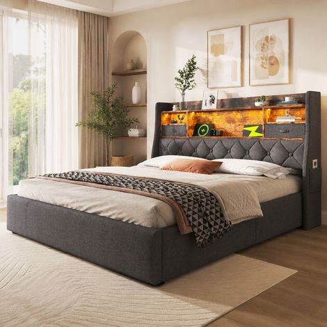 Bettgestell 160x200 cm grau aus Leinen mit LED-Beleuchtung, USB-/Type-C-Ladestation und Stauraum (1/5)