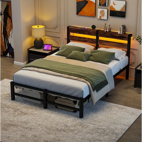 Cama con somier metálico 120x200 cm, con iluminación LED RGB y puertos USB, metal y madera, negro y marrón (1/5)