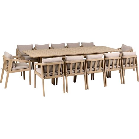 Garden Dining Set 12 Seater Certified Acacia Wood Table and Chairs with Beige Cushions Light Brown Toscanella (1/5)