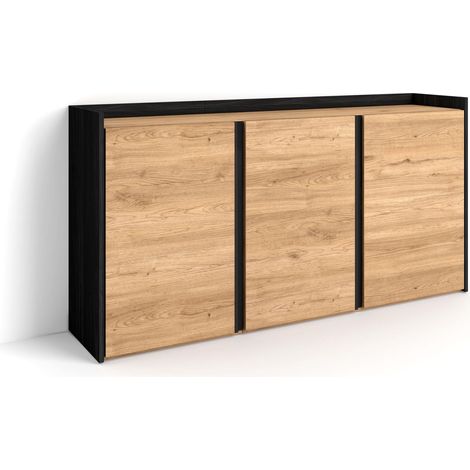Skraut Home - Credenza, Mobile, Cucina, Madia, mobile ingresso, 156x35x80 cm, 3 Porte, grande stoccaggio, Stile moderno, Rovere e nero (1/5)