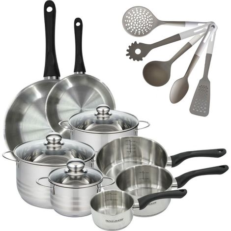 Set 2 poêles 20 28 cm, 3 casseroles 12 16 20 cm, 3 faitouts 16, 20 et 24 cm en inox et 5 ustensiles Fackelmann Geneva (1/5)