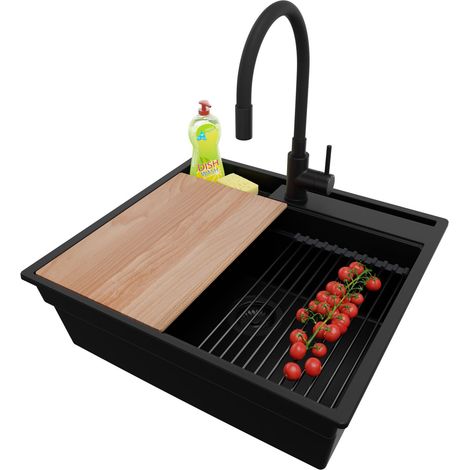 PRIMAGRAN Evier Cuisine en Granit 58x53cm, Lavabo 1 bac + Kit de Vidage + Accessoire, Évier à Encastrer au meuble 60cm - Oslo Pocket, Tout Noir (1/5)
