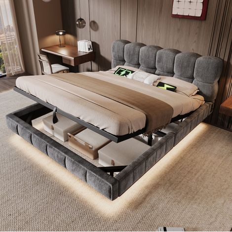 Lit coffre adulte 140x190 cm avec rangement hydraulique, LED et USB/Type-C, sommier à lattes, chenille gris (1/5)
