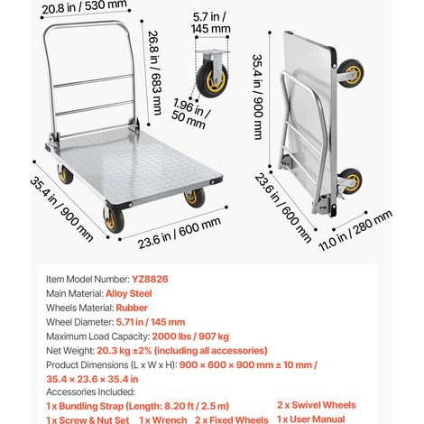 VEVOR Platform Truck, 2000 lbs Capacity, Heavy Duty Steel Flatbed Cart with Swivel Wheels and Handle, Foldable Platform Hand Push Truck Dolly, for Groceries, Garage, Warehouse, 35.4 x 23.6 x 35.4 in (1/4)