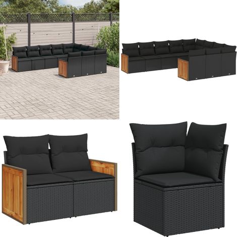 Salon de jardin 10 pcs avec coussins noir résine tressée - Salon De Jardin - Meuble De Jardin - Ensemble Salon De Jardin - Mobilier Extérieur - Set De Canapés - Home & Living (1/5)