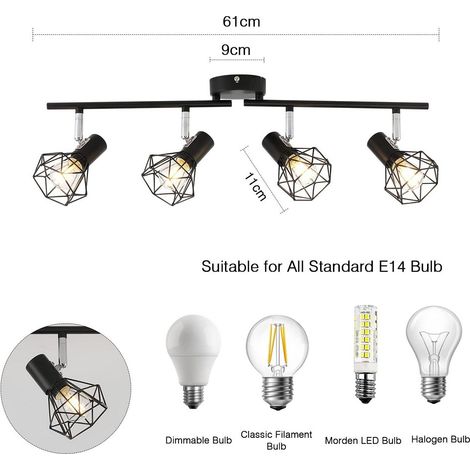 Plafonnier led 4 spots e27 lampe de plafond vintage pivotante à 350° noir (1/5)