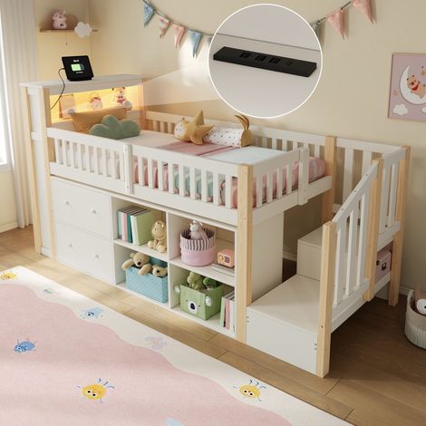 Hochbett 90 x 200 cm Natur mit Schubladen, Staufächern, trapezförmigem Schrank und LED-Beleuchtung (1/5)