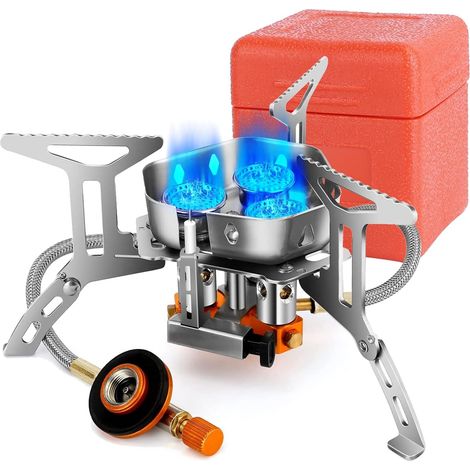 1 Réchaud à gaz, 4000W, pare-vent, allumage piézo, pliable, acier inoxydable, pour camping, randonnée, pique-nique (1/5)