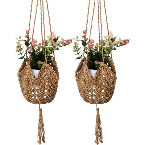 Set mit 2 Pflanzenampeln aus Juteseil, inklusive Haken, im Bohème-Stil, für die Innen- und Außendekoration (1/5)