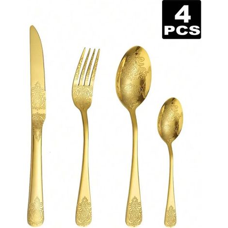 Ensemble de couverts en acier inoxydable (4 pièces, doré), adapté aux cuisines et salles à manger. (1/5)
