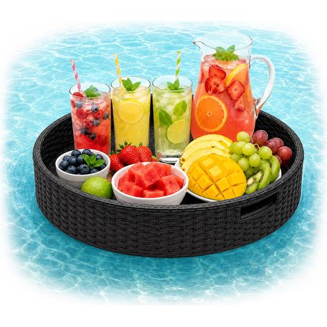Relaxdays Vassoio galleggiante 2 in 1 per piscina, bevande e snack, ca. 20x60 cm, rattan, inaffondabile, nero (1/5)