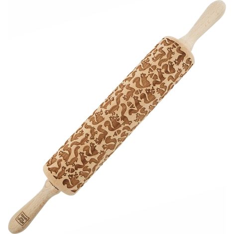 Mattarello in legno MoodForWood, inciso, 43 cm con manici, perfetto per la cottura al forno - Motivo scoiattolo (1/5)