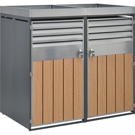 Armoire extérieure verrouillable en acier galvanisé avec compartiments poubelles et jardinière, portes doubles, ventilation lamellée, couleur bois et gris (1/5)