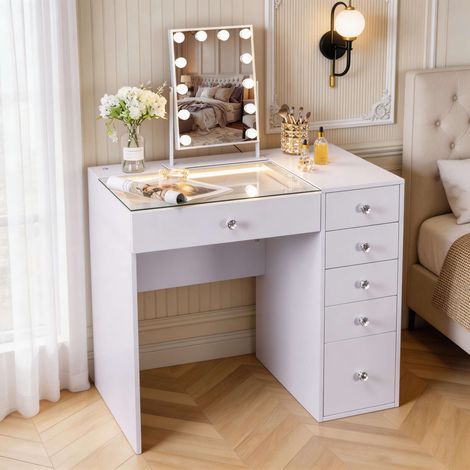 FENCHILIN Coiffeuse avec Miroir LED 6 Tiroirs Blanc 92 x 55 x 122 cm