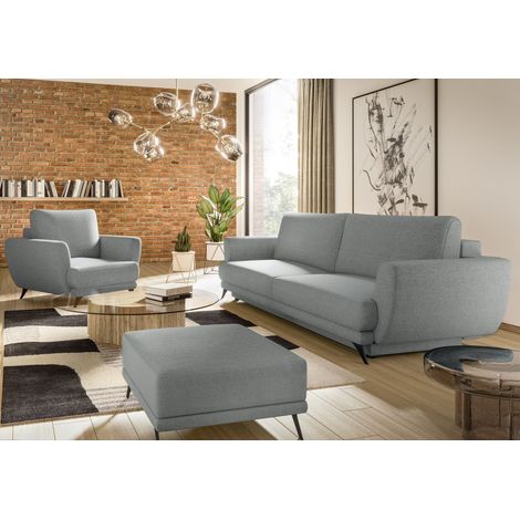 Ensemble canapé convertible tissu gris clair Zora - 1 canapé 3 places + 1 fauteuil + 1 pouf (1/4)