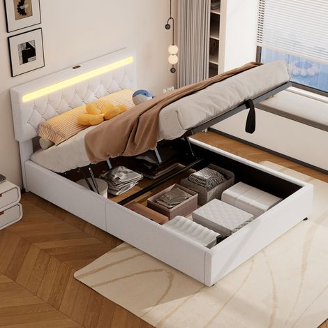 Cama tapizada 140/200 cm blanca de lino y MDF con almacenaje hidráulico, LED y USB-C (1/5)