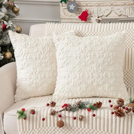 Lot de 2 Housses de Coussin Noël 45,7x45,7 cm, Peluche Douce, Motif Flocon de Neige, Décoration Luxe pour Canapé et Salon (1/5)