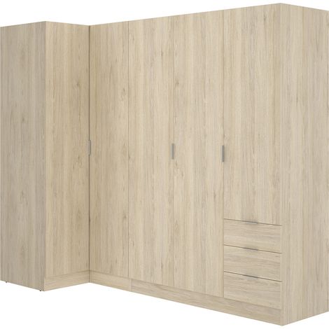 Armoire d'angle, meuble de rangement en bois mélaminé coloris chêne naturel - Longueur 213 x Profondeur 90 x Hauteur 184 cm (1/5)