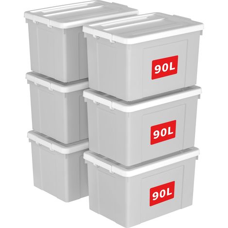 90L6 Boîte de Rangement, Bac de rangement avec Poignée, Plastique Organisateur avec Couvercle, Empilable, Transportable, pour Vêtements, Bureau, Chambre, Dortoirs, Gris, 90L - Lot de 6 (1/5)