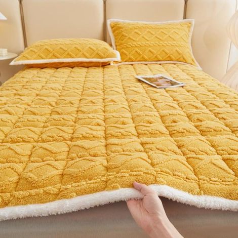1 pièce Matelas velours côtelé, épais et chaud, protège-matelas antidérapant lavable, avec 2 taies d'oreiller, 180x200 cm, jaune