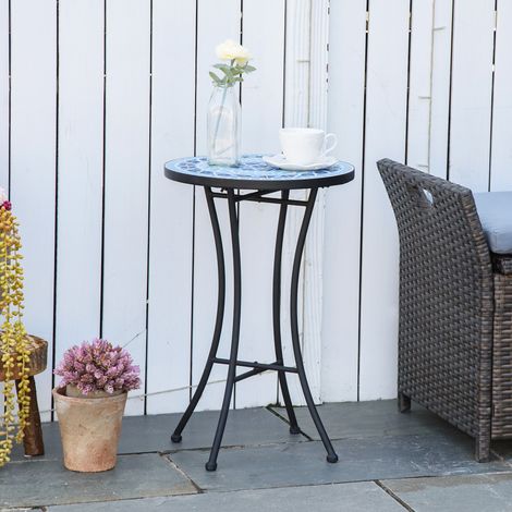 Tavolino da Giardino Rotondo in Metallo con Piano in Ceramica, Design a Mosaico, Ф35.5x53.5cm, Blu