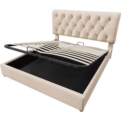 Cama canapé hidráulica 140 x 200 cm con cabecero ajustable y colchón, metal, natural (1/5)