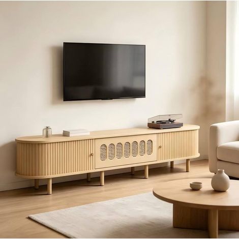 Mobile TV 180x40x40 cm per TV 75 pollici, 5 contenitori chiusi, ante scorrevoli, MDF naturale (1/5)