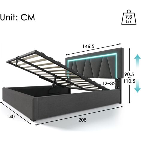 Lit capitonné avec éclairage LED, lit double avec fonction de chargement USB Type C et éclairage LED, lit coffre, cadre de lit en lin, lit enfant 140x200 avec sommier à lattes (sans matelas) (1/4)