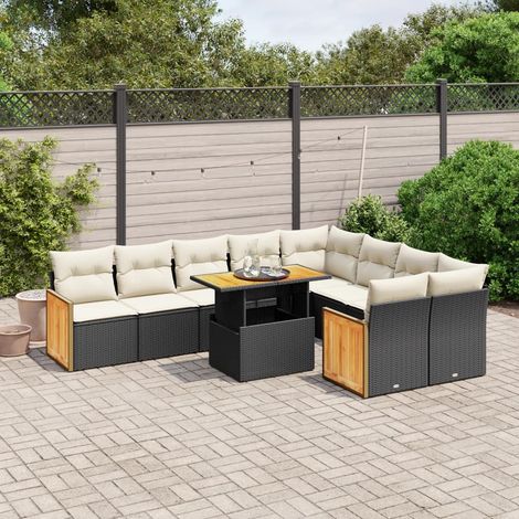 Ensemble Salon Jardin 10 Places Noir Résine Tressée avec Coussins Crème - Table Réglable, Mobilier d'Extérieur Modulaire (1/3)