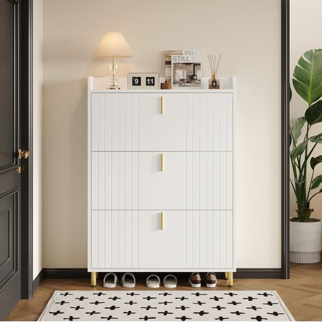 Zapatero (80x23x123.5 cm), de 3 niveles, con estantes ajustables, bandeja superior, MDF blanco (1/5)