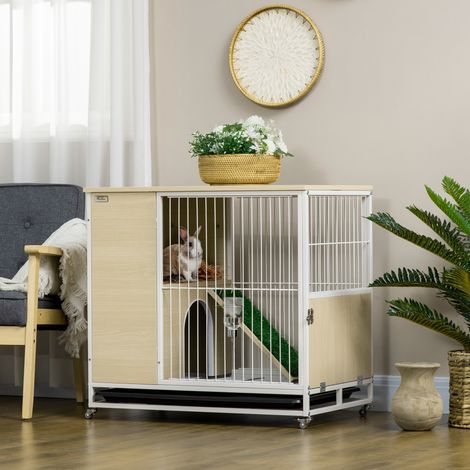 Cage à lapin clapier sur roulettes toit ouvrant plates-formes avec plateau amovible 78 x 52.5 x 76.5 cm naturel
