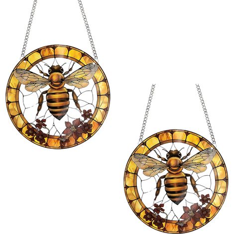 【Decoración para patio y hogar】 2 adornos colgantes transparentes pintados con acrílico: Abeja, flor, sol (1/5)