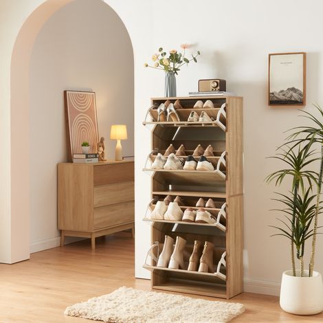 Schuhkipper Lund mit 4 verspiegelten Klappen Sonoma-Eichenoptik [en.casa]