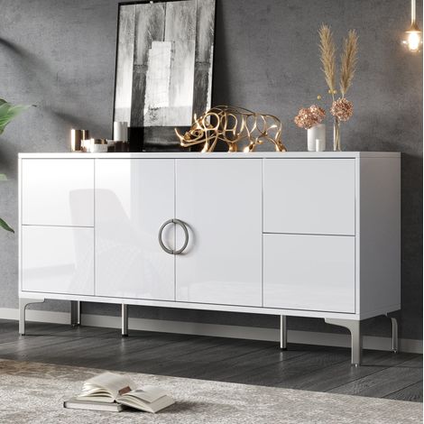 Aparador con 4 cajones y 2 puertas, 150 x 38 x 59,5 cm, blanco, en MDF, con patas de soporte de metal (1/5)