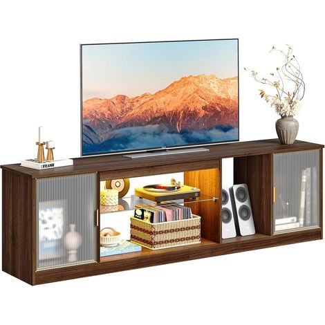 Meuble TV Moderne pour téléviseur 75/80 Pouces, Centre multimédia LED avec Portes acryliques et étagère en Verre réglable, Console multimédia 70 Pouces pour Salon, Noyer Ancona (1/5)