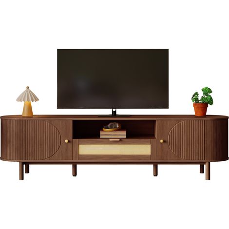 Meuble TV 175x36x51 cm, portes arrondies et tiroirs, noyer, panneaux de bois et métal - FLORAGRACE (1/5)