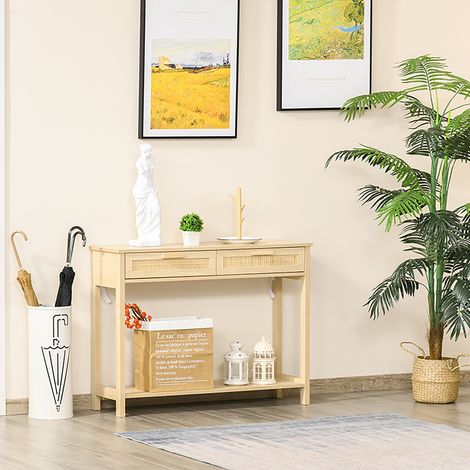 Mesa Consola Mesa de Entrada con 2 Cajones de la Superficie de Ratán y Estante Inferior para Pasillo Salón Dormitorio de Estilo Rústico 100x30x76 cm Natural (1/5)