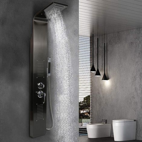 Colonne douche en acier inox 304 avec mitigeur, Panneau douche multifonctionnel 4 fonctions, douche cascade et hydromassante, noir (1/5)