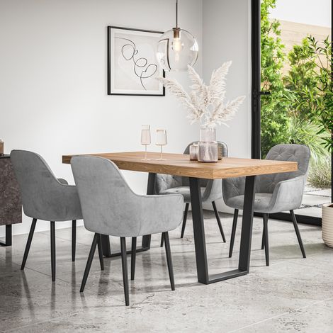Aria Dining Table And Chairs - Oak Effect Table Top w Black Legs + Anika Velvet Dining Chair Set Of 6 (Grey) (1/5)