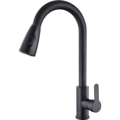 Robinet extractible de lavabo de cuisine domestique en acier inoxydable noir télescopique rotatif chaud et froid (1/5)