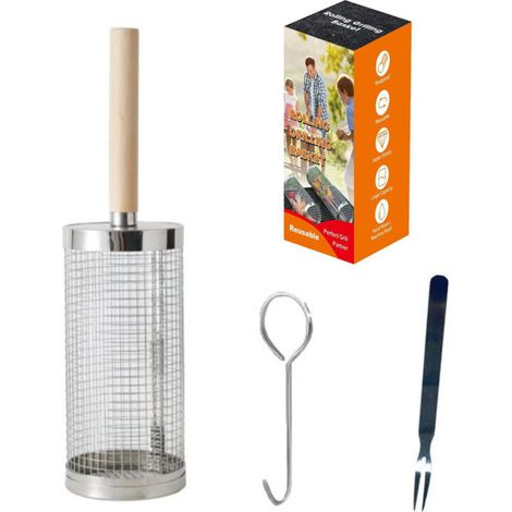 Panier de grill roulant, manche en bois détachable, acier inoxydable 304, accessoires de barbecue légumes et crevettes, camping (1/5)