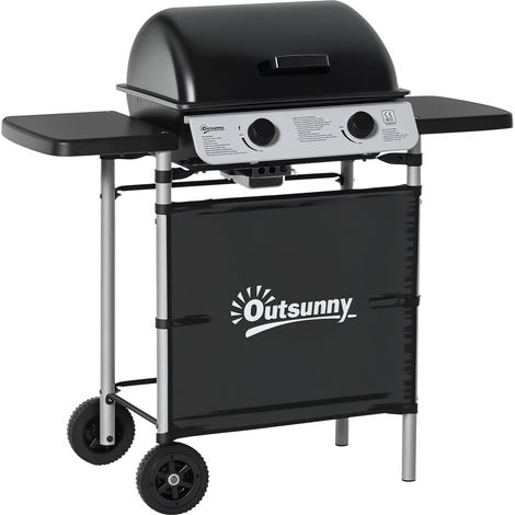 Zweiflammiger Gasgrill aus Edelstahl, 2,8 kW Leistung, mit Arbeitsfläche und Rollen, Maße 104 x 49 x 99 cm, Farbe: Schwarz