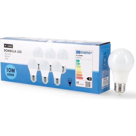 Pack de 6, Ampoule LED E27 A60 10W, Lumière froide (6000k), Culot E27, 820 Lumen, IP20, Ouverture du faisceau lumineux 200°, Efficacité énergétique et Faible consommation. LM7610 (1/5)