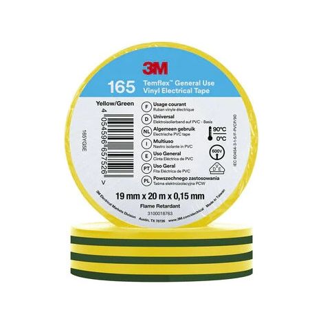 Cinta Aislante Temflex 165 PVC 19mm x 20m 3M 7100184800 Amarillo/Verde