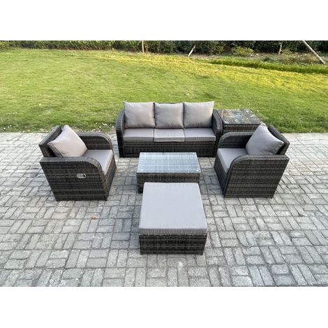 Fimous Salon de jardin exterieur 6 places Ensemble de canapés en rotin avec Chaise inclinable Table basse rectangulaire Grand tabouret Table d'appoint Gris foncé mixte (1/5)