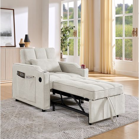 Sillón cama convertible 190xx cm beige en madera y tela con USB, USB-C y respaldo ajustable (1/5)
